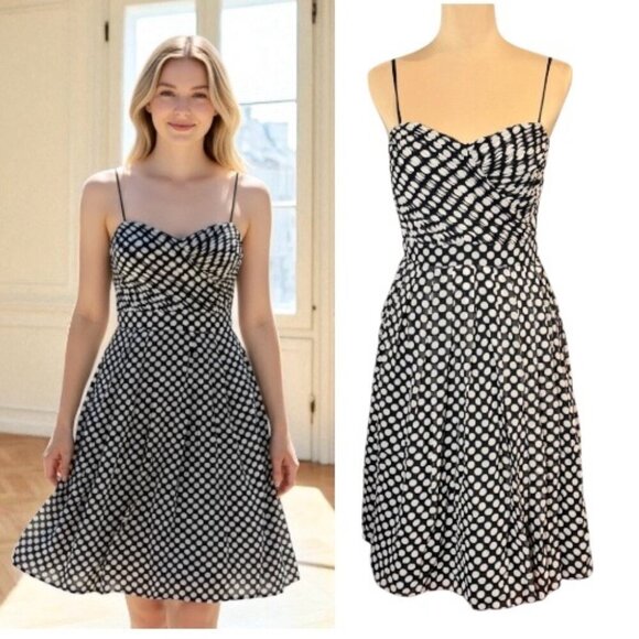 Aidan Mattox Polkadot Cocktail Dress Sz.6 Black Cream Silk Event Coquette - Picture 1 of 13